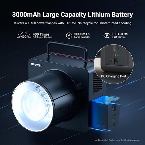 NEEWER 600Ws 2.4G TTL Outdoor Studio Flash, App Control Strobe Light Photography with 1/1 to 1/512 Output, 1/8000 HSS, 3000mAh Battery/400 Full Power Flash/0.01-0.9s Recycle/30W LED Modeling Lamp, Q6 in Saudi Arabia