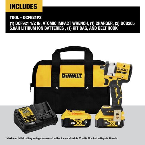 DEWALT DCF921P2 ATOMIC 20V MAX* 1/2 in. Cordless Impact Wrench with Hog Ring Anvil Kit | 300 Ft-Lbs Fastening/450 Ft-Lbs Breakaway, 4 Speeds, Kit: DCF921, DCB115, 2) DCB205 5ah in Kuwait