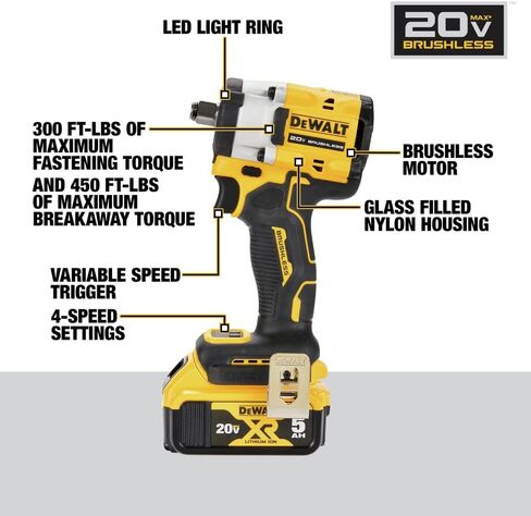 DEWALT DCF921P2 ATOMIC 20V MAX* 1/2 in. Cordless Impact Wrench with Hog Ring Anvil Kit | 300 Ft-Lbs Fastening/450 Ft-Lbs Breakaway, 4 Speeds, Kit: DCF921, DCB115, 2) DCB205 5ah in Kuwait