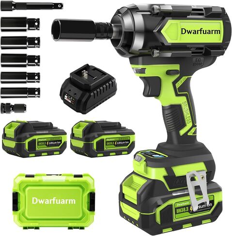 Cordless Impact Wrench 1/2 Inch, 1200N.m High Torque Brushless Impact Gun, 21V Power Impact Driver with 2×4.0Ah Batteries, 3-Speed modes & LED Light, 5 Sockets for Car/Mower (Black&Green) in Kuwait