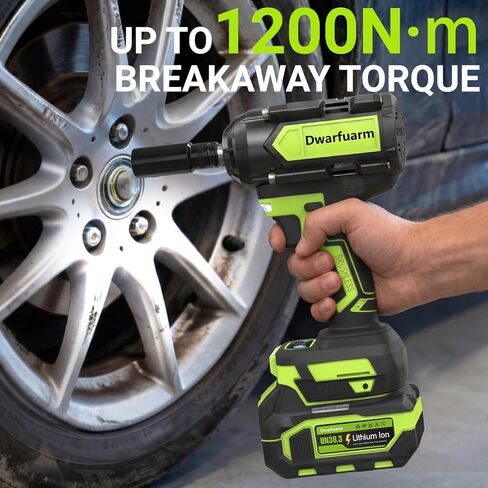 Cordless Impact Wrench 1/2 Inch, 1200N.m High Torque Brushless Impact Gun, 21V Power Impact Driver with 2×4.0Ah Batteries, 3-Speed modes & LED Light, 5 Sockets for Car/Mower (Black&Green) in Kuwait