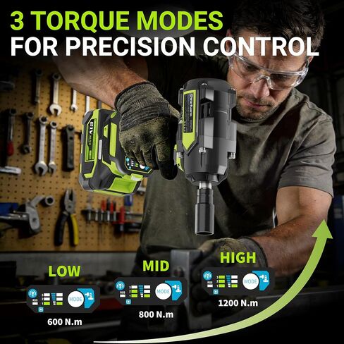 Cordless Impact Wrench 1/2 Inch, 1200N.m High Torque Brushless Impact Gun, 21V Power Impact Driver with 2×4.0Ah Batteries, 3-Speed modes & LED Light, 5 Sockets for Car/Mower (Black&Green) in Kuwait