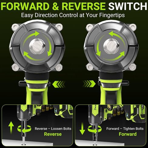 Cordless Impact Wrench 1/2 Inch, 1200N.m High Torque Brushless Impact Gun, 21V Power Impact Driver with 2×4.0Ah Batteries, 3-Speed modes & LED Light, 5 Sockets for Car/Mower (Black&Green) in Kuwait