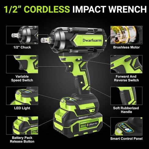 Cordless Impact Wrench 1/2 Inch, 1200N.m High Torque Brushless Impact Gun, 21V Power Impact Driver with 2×4.0Ah Batteries, 3-Speed modes & LED Light, 5 Sockets for Car/Mower (Black&Green) in Kuwait
