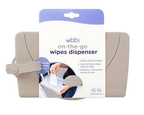Ubbi On-The-Go Baby Wipes Dispenser, Portable Wipes Container for Travel, Diaper Bag Accessory Must Have for Newborns, Reusable Wipes Holder, Taupe (Pack of 2) in Kuwait