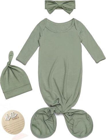 Newborn Knotted Gown Baby Girl Boy Sleepers, Coming Home Outfit 0-3 Months, Soft Nightgown Clothes with Hello World Sign in Kuwait