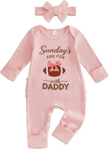 Newborn Baby Girl Football Outfit Long Sleeve Sundays Are for Football Romper Jumpsuit Headband Infant Fall Clothes in Kuwait