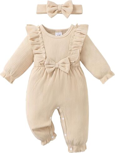 Renotemy Preemie Newborn Baby Girl Clothes Ruffle Long Sleeve Bow Romper Infant Fall Winter Outfits Jumpsuit with Headband in Kuwait