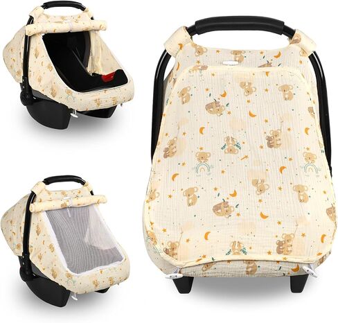 SWESEN Muslin Car Seat Cover Baby, Summer Baby Carseat Covers for Girls, Easy Access carseat Canopy Snug Fit Baby Stroller, Dual-Layer Protection, Cooling Mesh & Roll-Up Sun Shade, Floral in Kuwait