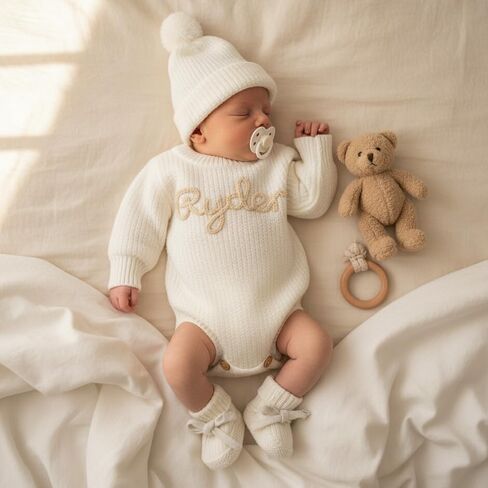 Personalized Embroidered Name Baby Romper Set,Custom Name Baby Romper, Coming Home Outfit, Cotton Knit Long Sleeve Romper in Kuwait