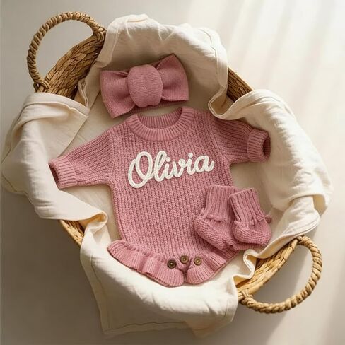 Personalized Embroidered Name Baby Romper Set,Custom Name Baby Romper, Coming Home Outfit, Cotton Knit Long Sleeve Romper in Kuwait
