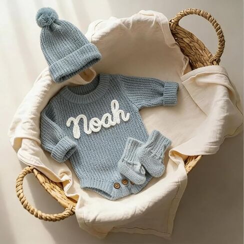 Personalized Embroidered Name Baby Romper Set,Custom Name Baby Romper, Coming Home Outfit, Cotton Knit Long Sleeve Romper in Kuwait