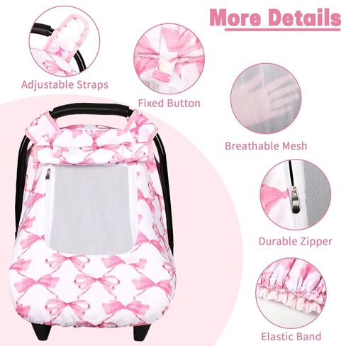 Car Seat Cover Baby & Infant Car Saet Insert, HNHUAMING Infant Car Seat Covers Canopy & Baby Car Seat Head Support, Newborn Carseat Covers & Carseat Cushion, Pink Bow in Kuwait