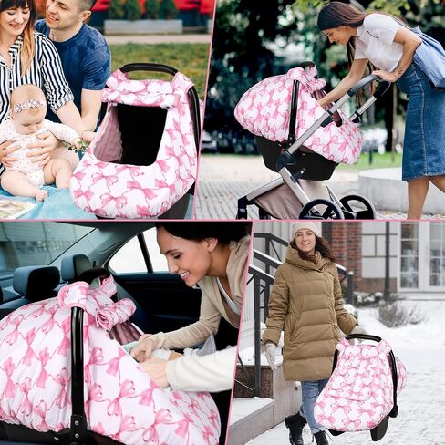 Car Seat Cover Baby & Infant Car Saet Insert, HNHUAMING Infant Car Seat Covers Canopy & Baby Car Seat Head Support, Newborn Carseat Covers & Carseat Cushion, Pink Bow in Kuwait