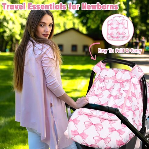 Car Seat Cover Baby & Infant Car Saet Insert, HNHUAMING Infant Car Seat Covers Canopy & Baby Car Seat Head Support, Newborn Carseat Covers & Carseat Cushion, Pink Bow in Kuwait