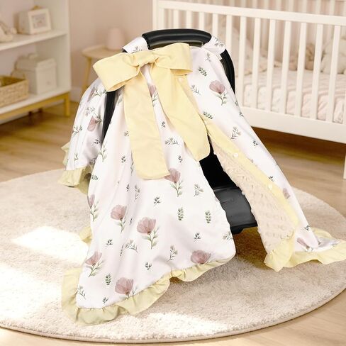 SWESEN Summer Baby Car Seat Cover for Girls, Ruffle Carseat Covers for Baby Girls, Beautiful Baby Car Seat Canopy Cover with Removable Bow, Floral in Kuwait