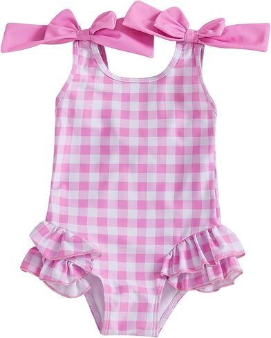 Toddler Girls Gingham Rash Guard Swimwear Bow Strap Sleeveless Ruffle Bathing Suit Infant Baby One Piece Swimsuits in Kuwait