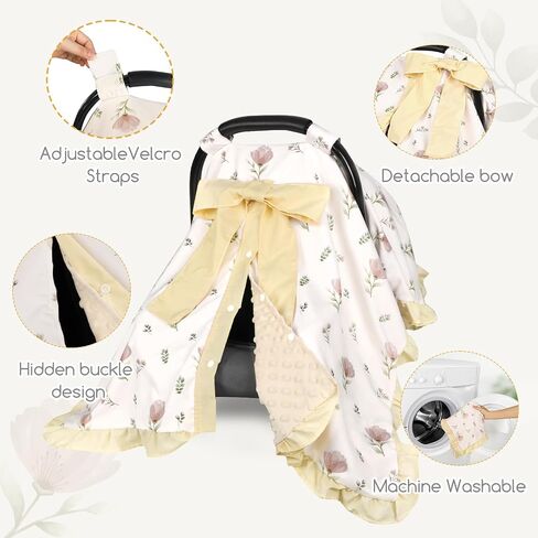 SWESEN Summer Baby Car Seat Cover for Girls, Ruffle Carseat Covers for Baby Girls, Beautiful Baby Car Seat Canopy Cover with Removable Bow, Floral in Kuwait