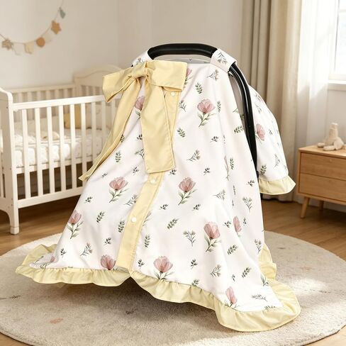 SWESEN Summer Baby Car Seat Cover for Girls, Ruffle Carseat Covers for Baby Girls, Beautiful Baby Car Seat Canopy Cover with Removable Bow, Floral in Kuwait