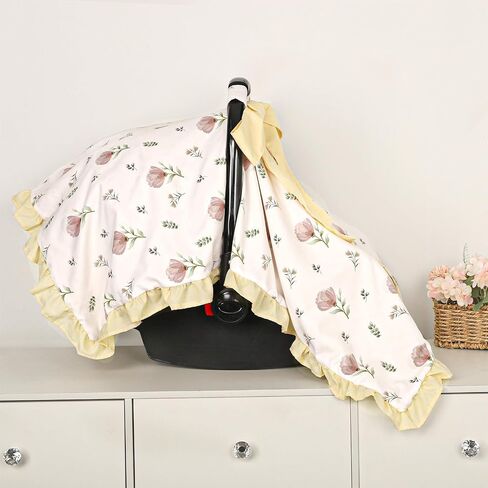 SWESEN Summer Baby Car Seat Cover for Girls, Ruffle Carseat Covers for Baby Girls, Beautiful Baby Car Seat Canopy Cover with Removable Bow, Floral in Kuwait