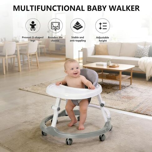 Foldable Baby Walker for Infants 6 Months+, Baby Activity Walker with Entertainer Tray, Lightweight Compact Space-Saving Design,Supports up to 26 lbs, Grey in Kuwait