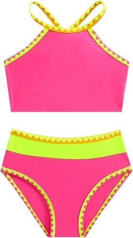 RoseSeek Girls 2 Piece Color Block Tankini Sets Shell Stitched Criss Cross High Waisted Bathing Suit in Kuwait