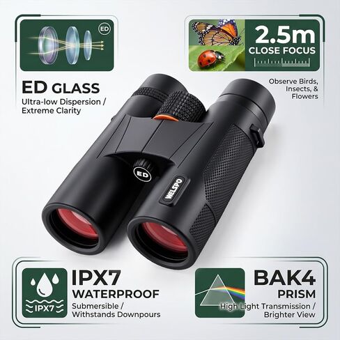 Welspo 10x42 ED Binoculars for Adults | Stable Phone Adapter included, Waterproof, Fogproof, for Bird Watching, Hunting, Hiking and Football Games in Kuwait