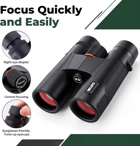 Welspo 10x42 ED Binoculars for Adults | Stable Phone Adapter included, Waterproof, Fogproof, for Bird Watching, Hunting, Hiking and Football Games in Kuwait