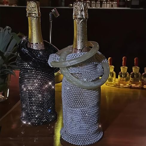 White Rhinestone Decorated Wine Bag with Elastic Mesh and Round Handle, Reusable Polyester Wine Carrier for Wedding, Banquet, Travel, Housewarming and Party Use in Kuwait