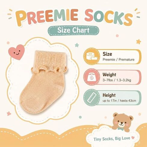 12 Pairs Preemie Newborn Baby Ruffle Socks Cotton Turn Cuff Frilly Dress Socks 5.8cm Sole for Infant Girls Boys Hospital Bag NICU Shower Gift Assorted Neutral Colors in Kuwait