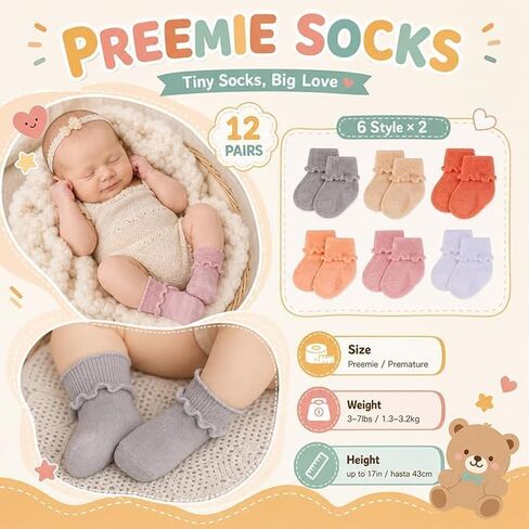 12 Pairs Preemie Newborn Baby Ruffle Socks Cotton Turn Cuff Frilly Dress Socks 5.8cm Sole for Infant Girls Boys Hospital Bag NICU Shower Gift Assorted Neutral Colors in Kuwait