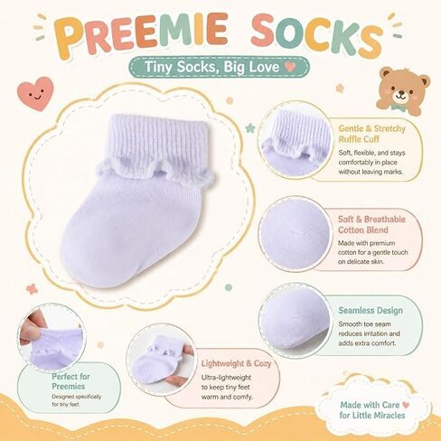 12 Pairs Preemie Newborn Baby Ruffle Socks Cotton Turn Cuff Frilly Dress Socks 5.8cm Sole for Infant Girls Boys Hospital Bag NICU Shower Gift Assorted Neutral Colors in Kuwait