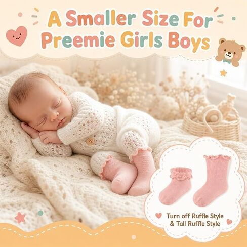 12 Pairs Preemie Newborn Baby Ruffle Socks Cotton Turn Cuff Frilly Dress Socks 5.8cm Sole for Infant Girls Boys Hospital Bag NICU Shower Gift Assorted Neutral Colors in Kuwait