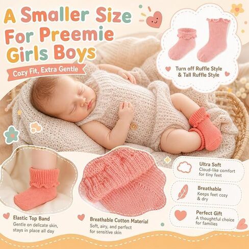 12 Pairs Preemie Newborn Baby Ruffle Socks Cotton Turn Cuff Frilly Dress Socks 5.8cm Sole for Infant Girls Boys Hospital Bag NICU Shower Gift Assorted Neutral Colors in Kuwait