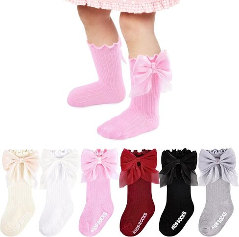 6 Pairs Baby Knee High Socks Girl Cotton Ruffle Stockings With Bow Long Non Slip Dress Sock For Newborn Infant in Kuwait