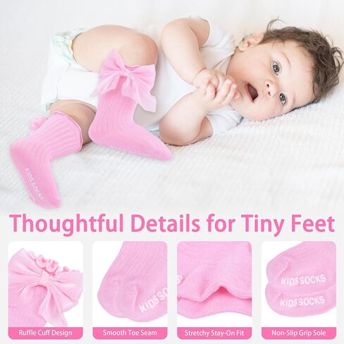6 Pairs Baby Knee High Socks Girl Cotton Ruffle Stockings With Bow Long Non Slip Dress Sock For Newborn Infant in Kuwait