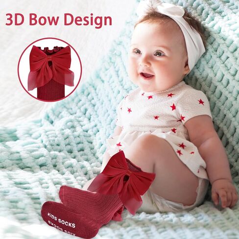 6 Pairs Baby Knee High Socks Girl Cotton Ruffle Stockings With Bow Long Non Slip Dress Sock For Newborn Infant in Kuwait