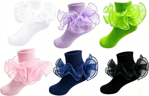 6 Pairs Girls Ruffle Ankle Socks, Cute Lace Frilly Socks for Toddler Kids, Princess Dress Socks in Kuwait