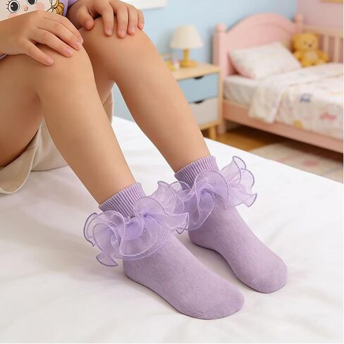 6 Pairs Girls Ruffle Ankle Socks, Cute Lace Frilly Socks for Toddler Kids, Princess Dress Socks in Kuwait