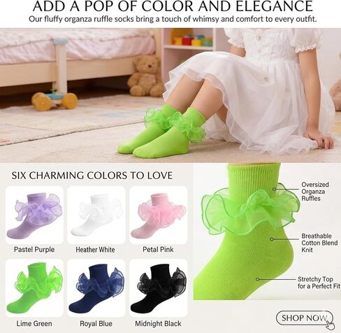 6 Pairs Girls Ruffle Ankle Socks, Cute Lace Frilly Socks for Toddler Kids, Princess Dress Socks in Kuwait
