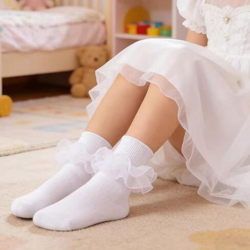 6 Pairs Girls Ruffle Ankle Socks, Cute Lace Frilly Socks for Toddler Kids, Princess Dress Socks in Kuwait