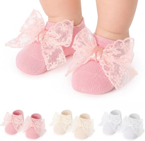 3 Pairs Baby Girls Socks, Lace Bow Non-Slip Grip Ankle Socks in Kuwait