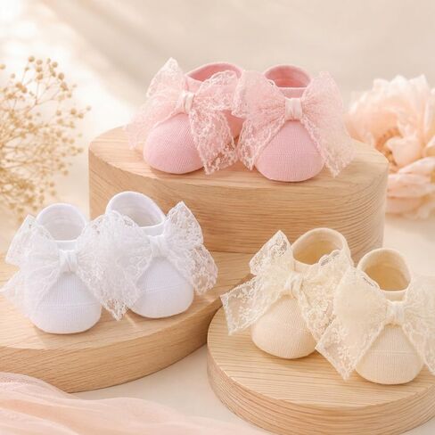 3 Pairs Baby Girls Socks, Lace Bow Non-Slip Grip Ankle Socks in Kuwait