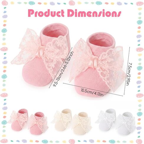 3 Pairs Baby Girls Socks, Lace Bow Non-Slip Grip Ankle Socks in Kuwait