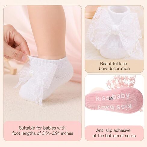 3 Pairs Baby Girls Socks, Lace Bow Non-Slip Grip Ankle Socks in Kuwait