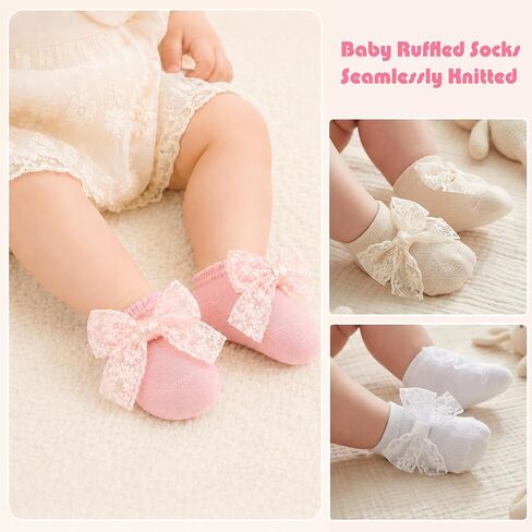 3 Pairs Baby Girls Socks, Lace Bow Non-Slip Grip Ankle Socks in Kuwait