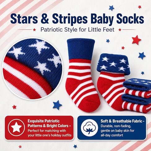 American USA Flag Socks for Infant 0-3 Months,Patriotic Red White and Blue Stars & Stripes Unisex Baby Terry Socks,My First 4th of July Baby Outfit in Kuwait