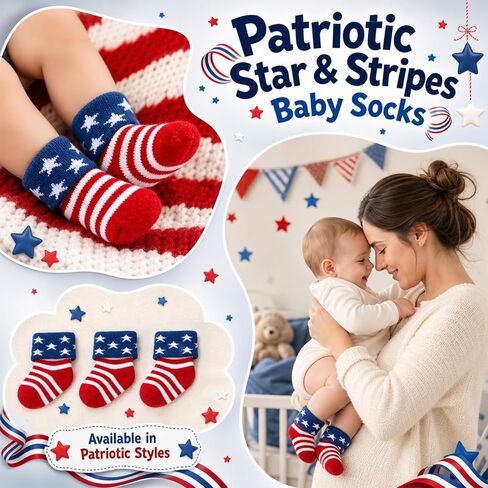 American USA Flag Socks for Infant 0-3 Months,Patriotic Red White and Blue Stars & Stripes Unisex Baby Terry Socks,My First 4th of July Baby Outfit in Kuwait