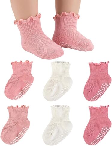 Baby Ruffle Socks Toddler Girls Indoor Non-Slip Socks 6M-5Years | 6 Pairs Colorful Soft Breathable Cotton Frilly Ankle Sock for Babies Boys Grils Infant in Kuwait
