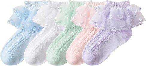 Toddler Girls Socks with Ruffle Solid Dress Socks White Purple Pink Green Blue Yellow 5 Pairs 1-12 Years in Kuwait